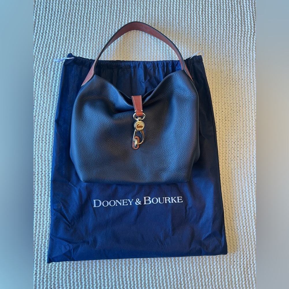 Dooney & Bourke Navy Leather Logo Lock Bag with Brown Strap